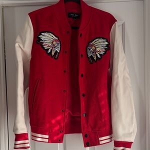 PacSun Red Jacket with Tribal Skull Patches